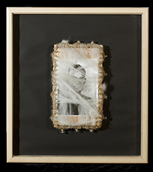'Soft and Hard'  •  found photograph, raw wool, roofing nails wood and hemp line  •  6" x 9"
